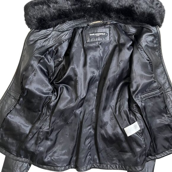 Karl Lagerfeld Black Genuine Leather Jacket W/Detachable Faux Fur Collar Medium - Picture 12 of 14